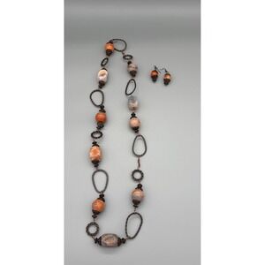 Handmade Artisan Agate Beads Stone Copper Nugget 34" Necklace & Dangle Earrings